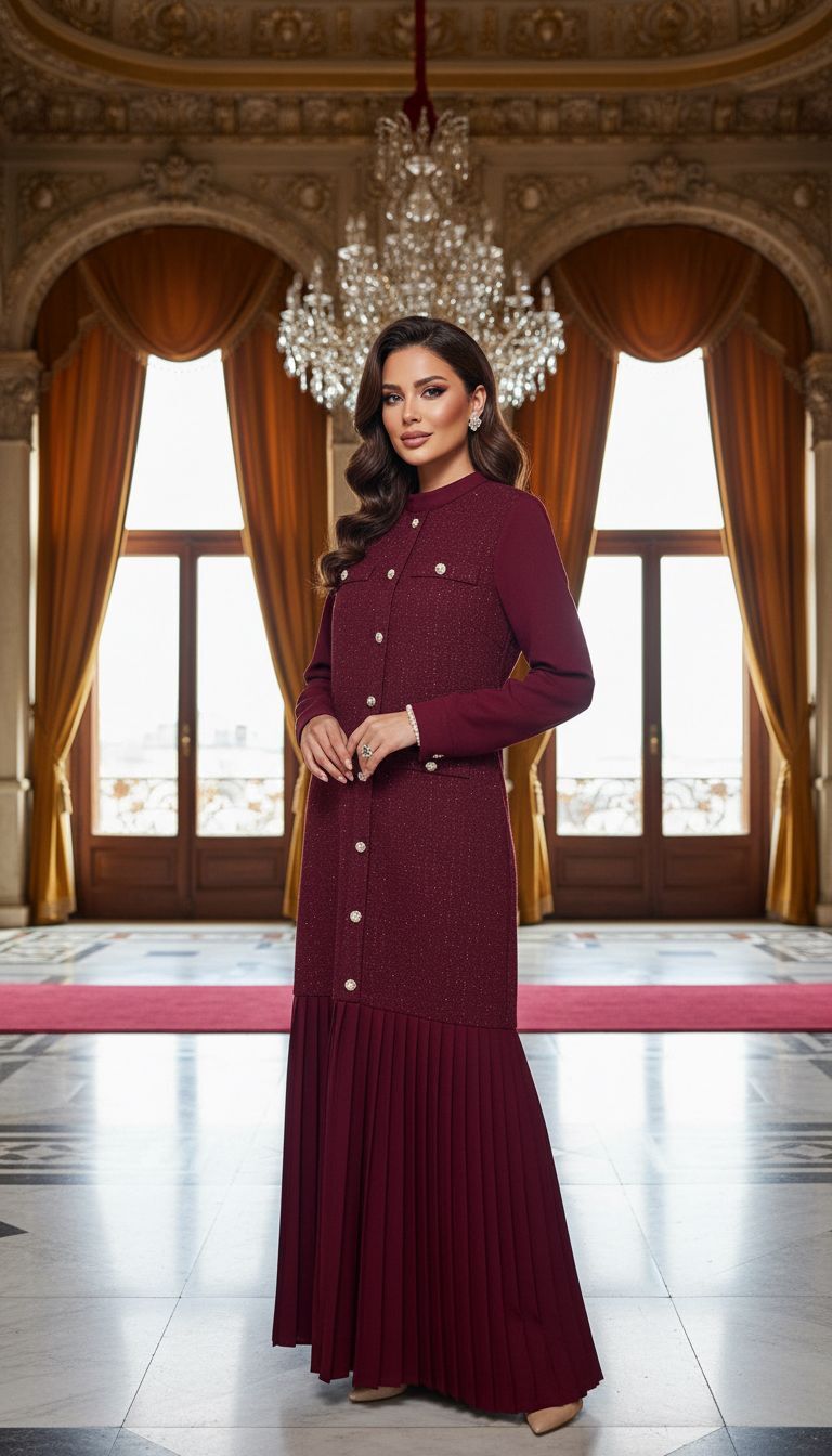 PLİSELİ TÜVİT KUMAŞ ELBİSE BORDO