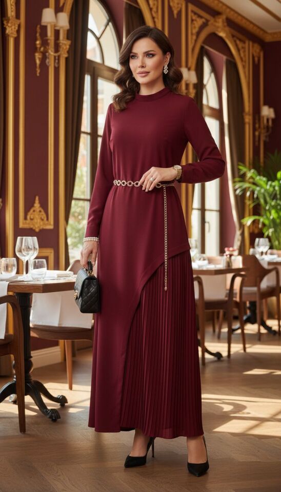 PLİSELİ DOUBLE KREP ELBİSE BORDO