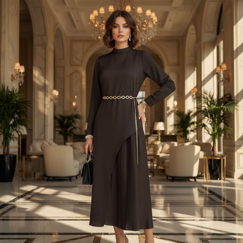 PLİSELİ DOUBLE KREP ELBİSE KAHVE