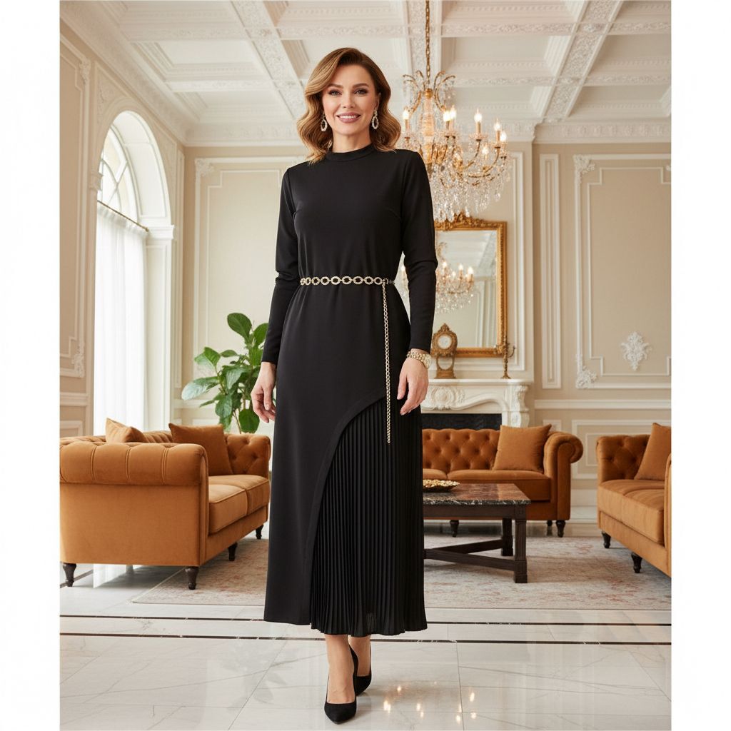 PLİSELİ DOUBLE KREP ELBİSE SİYAH