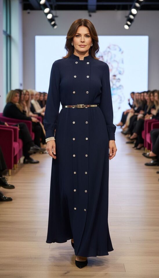 İNCE PLİSE  ELBİSE LACİVERT