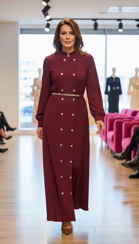 İNCE PLİSE  ELBİSE BORDO