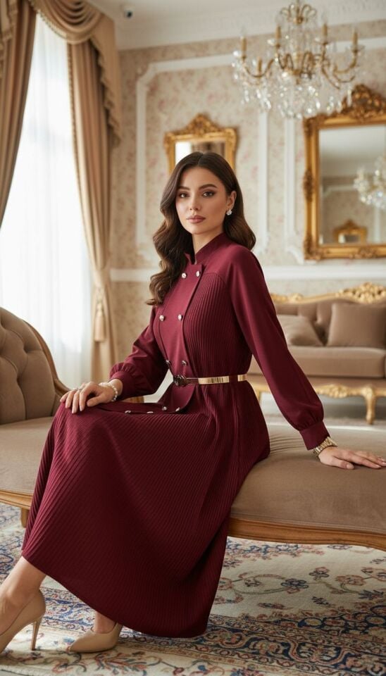 İNCE PLİSE  ELBİSE BORDO