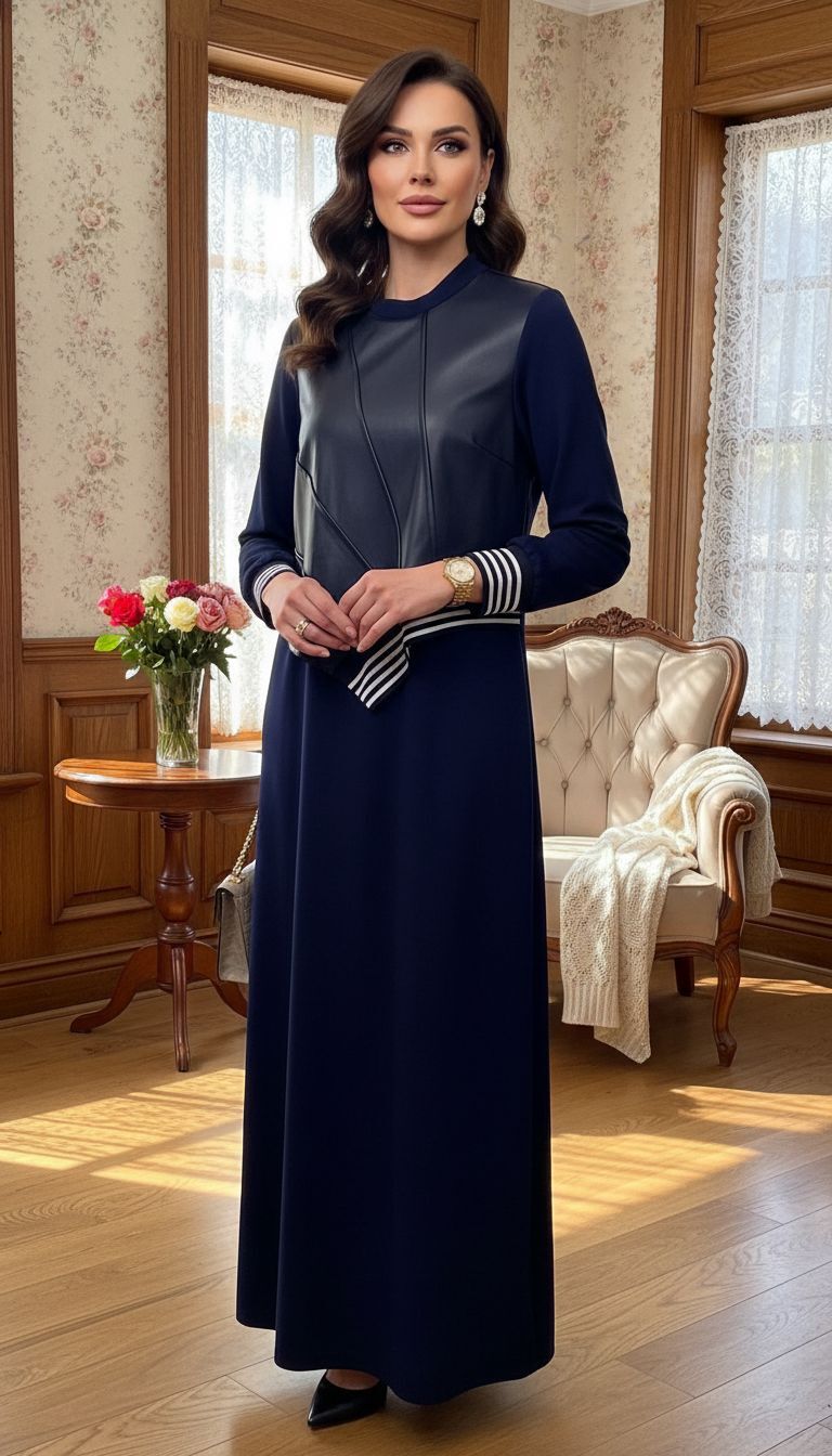 DERİ DETAY ELBİSE LACİVERT