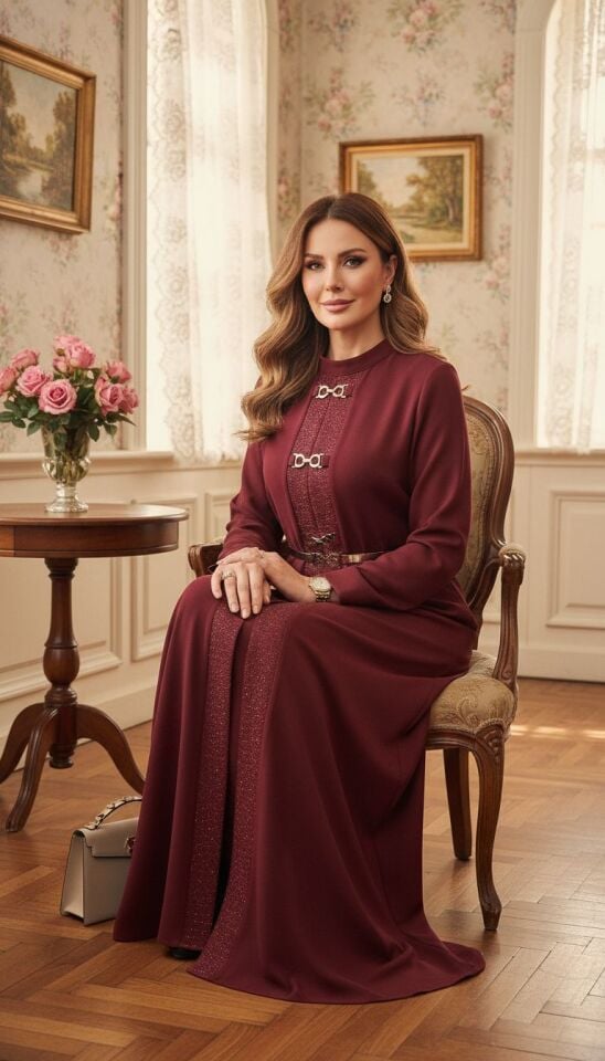 AKSESUAR DETAYLI ELBİSE BORDO