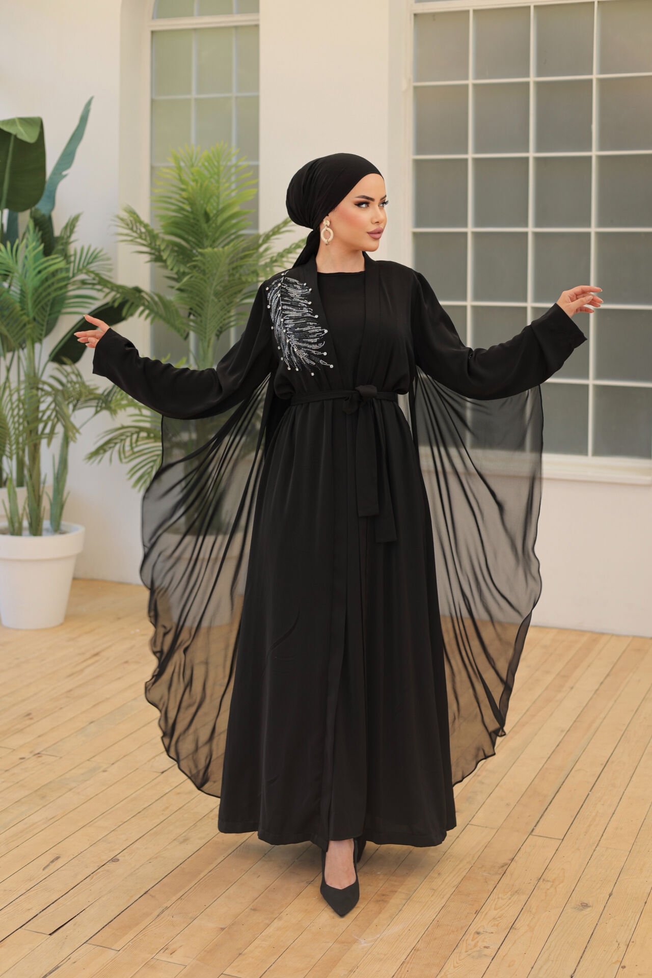 PELERİN DETAYLI ABAYA ELBİSE TAKIM SİYAH