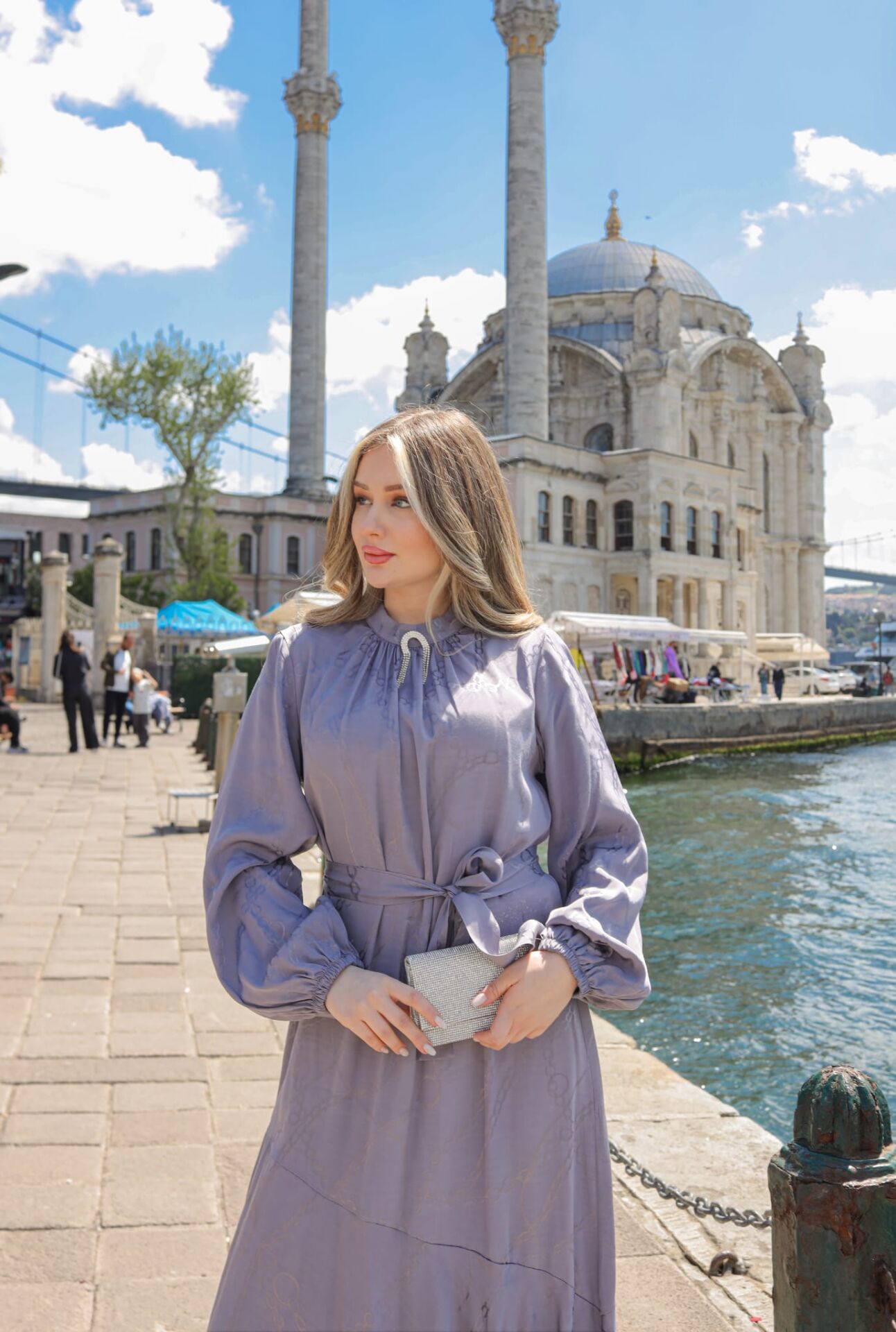 ZİNCİR DESEN FLOŞ JAKAR KUMAŞ ELBİSE GRİ