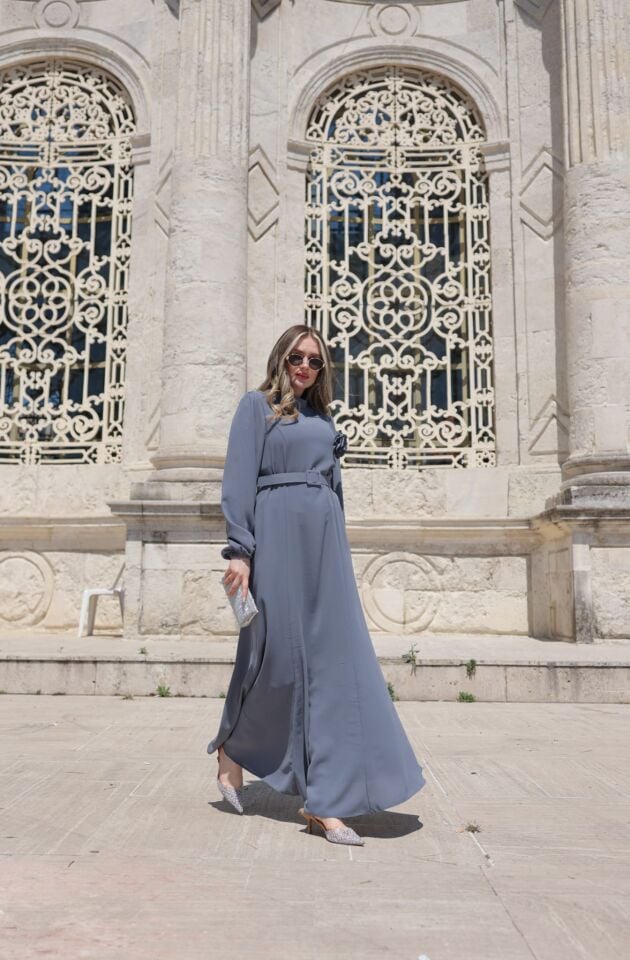 BALIK MODEL İTHAL KREP KUMAŞ ELBİSE GRİ