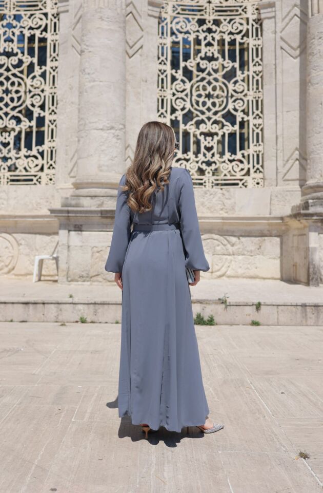 BALIK MODEL İTHAL KREP KUMAŞ ELBİSE GRİ