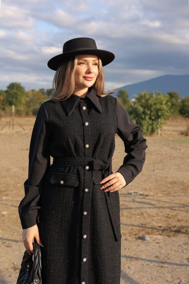 TÜVİT KUMAŞ ELBİSE SİYAH