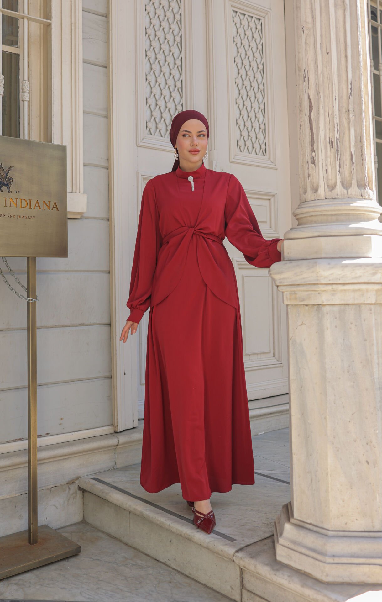 BAĞLAMA DETAYLI DUBAİ İPEĞİ ELBİSE BORDO