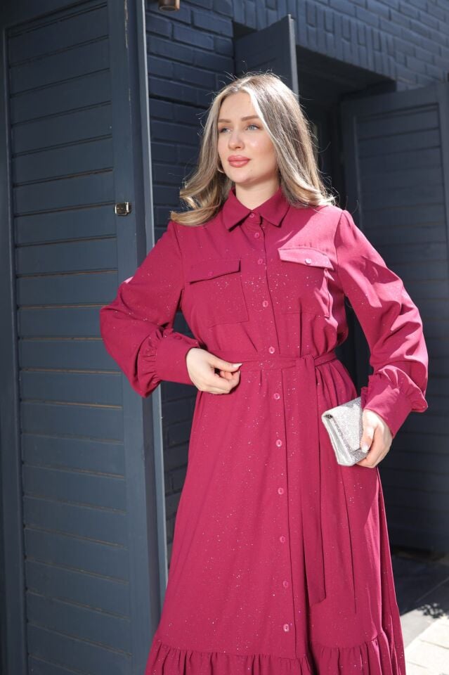 SİMLİ PAMUKLU KREP ELBİSE BORDO