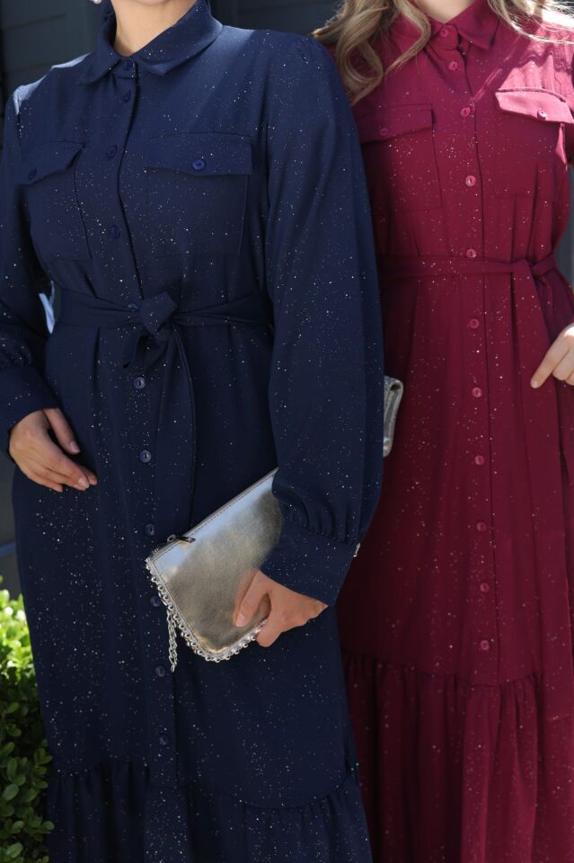 SİMLİ PAMUKLU KREP ELBİSE BORDO