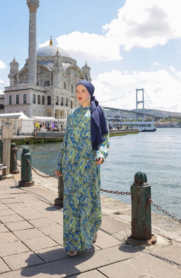 DUBAİ  VİSKON GÖMLEK ELBİSE SAKS YEŞİL