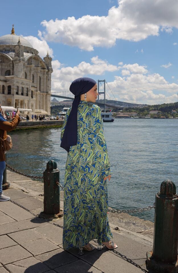 DUBAİ  VİSKON GÖMLEK ELBİSE SAKS YEŞİL