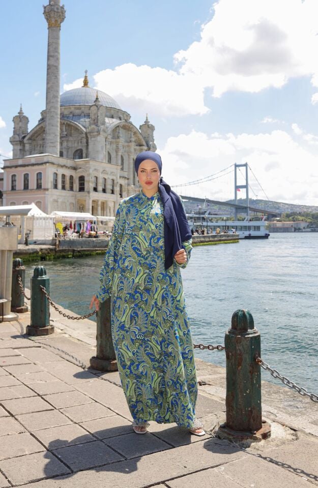 DUBAİ  VİSKON GÖMLEK ELBİSE SAKS YEŞİL