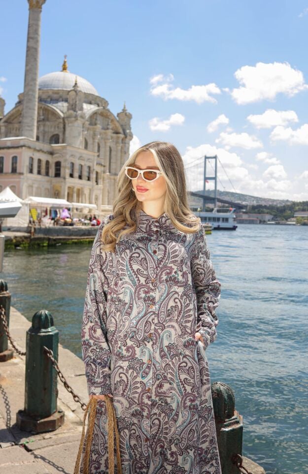 DUBAİ  VİSKON GÖMLEK ELBİSE MÜRDÜM GRİ