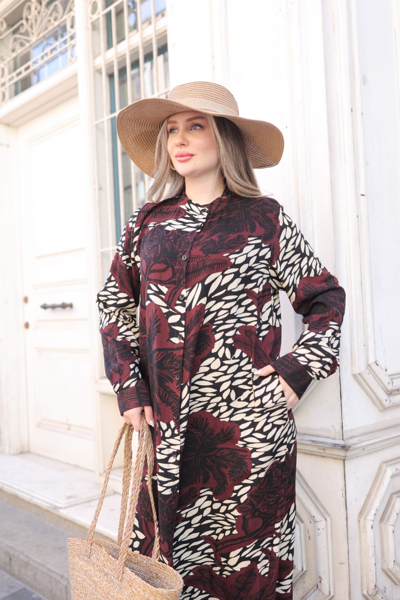 DUBAİ  VİSKON GÖMLEK ELBİSE BORDO  KREM