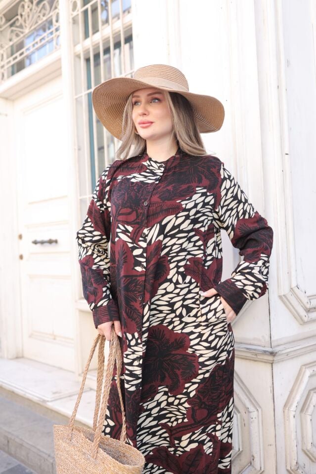 DUBAİ  VİSKON GÖMLEK ELBİSE BORDO  KREM