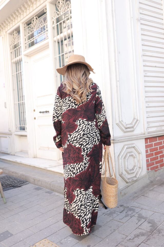 DUBAİ  VİSKON GÖMLEK ELBİSE BORDO  KREM