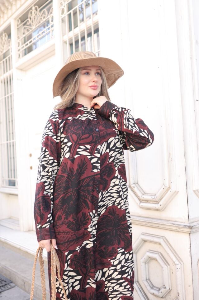 DUBAİ  VİSKON GÖMLEK ELBİSE BORDO  KREM