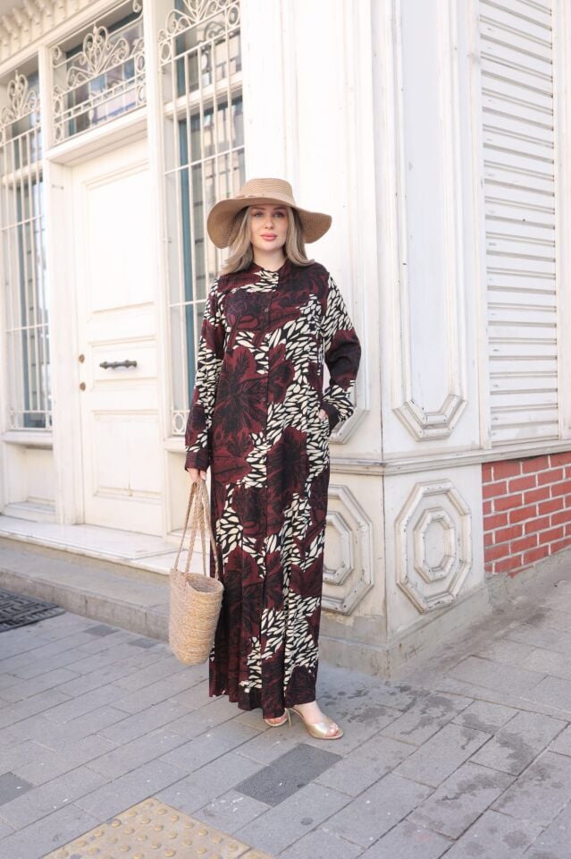 DUBAİ  VİSKON GÖMLEK ELBİSE BORDO  KREM